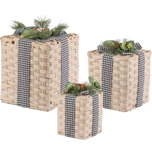 Gerson International Set Of 3 Holiday Christmas Present Decor, Neutral Farmhouse