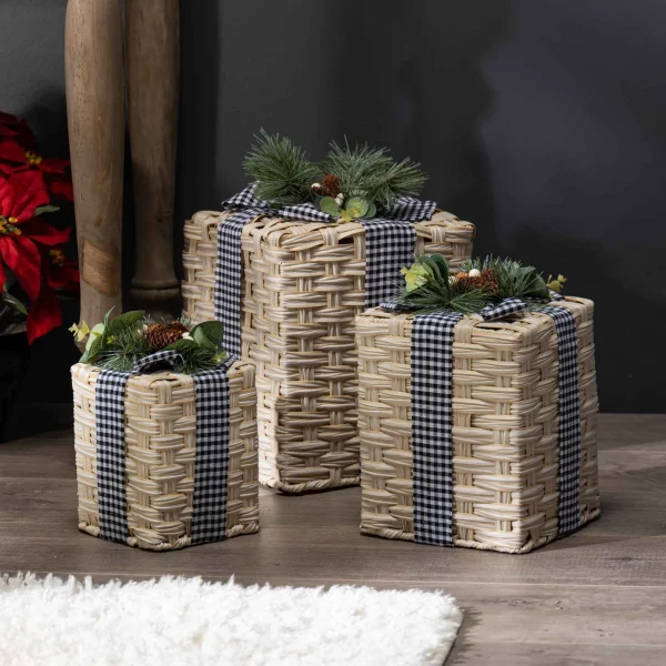 Gerson International Set Of 3 Holiday Christmas Present Decor, Neutral Farmhouse