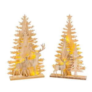 Gerson International Set Of 2 17.25-In Battery- Operated Lighted Laser Cut Trees And Reindeer Tabletop Decor