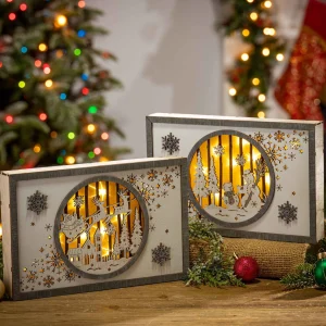 Gerson International Set Of 2 11-In Battery- Operated Lighted Laser Cut Wood Holiday Scene Wall Decor