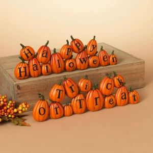 Gerson International Set Of 2 13.7-In Resin Long Pumpkins Perched Askew Spelling Out Halloween Messages