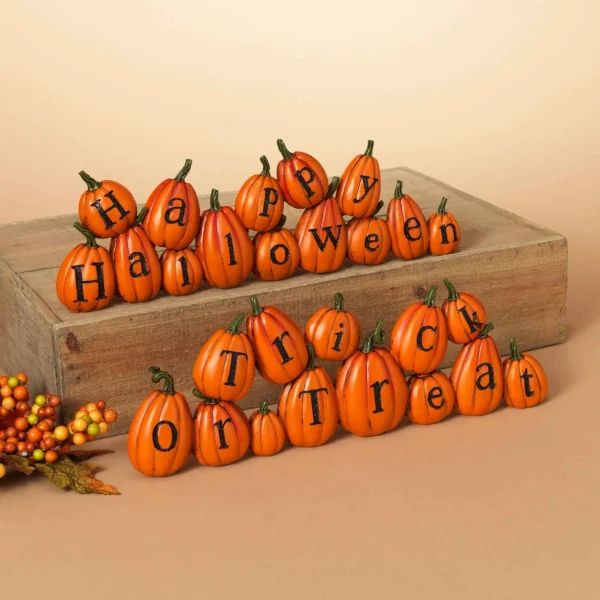 Gerson International Set Of 2 13.7-In Resin Long Pumpkins Perched Askew Spelling Out Halloween Messages
