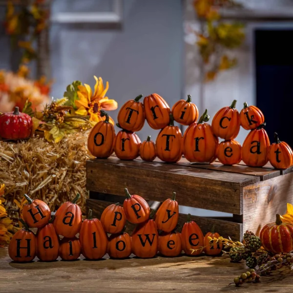 Gerson International Set Of 2 13.7-In Resin Long Pumpkins Perched Askew Spelling Out Halloween Messages