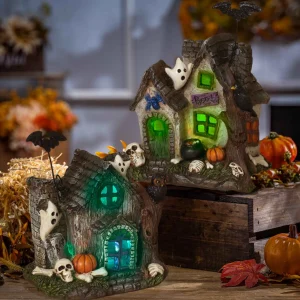 Gerson International Set Of 2 Lighted Halloween Haunted Houses, Battery Operated