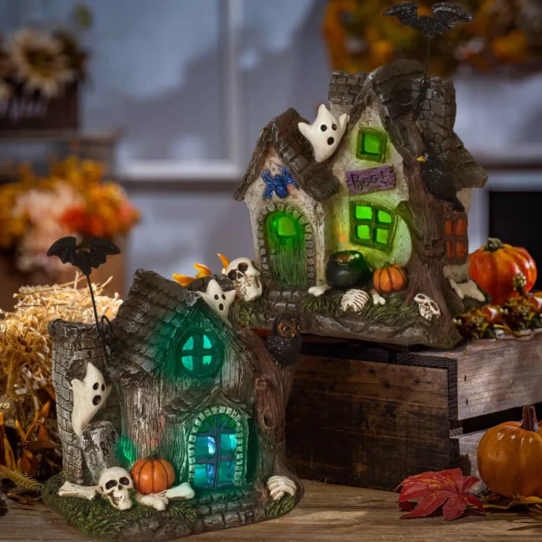 Gerson International Set Of 2 Lighted Halloween Haunted Houses, Battery Operated
