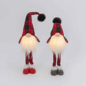 Gerson International Set Of 2 Lighted Plush Red And Black Plaid Holiday Standing Gnomes, Battery Operated