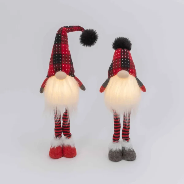 Gerson International Set Of 2 Lighted Plush Red And Black Plaid Holiday Standing Gnomes, Battery Operated