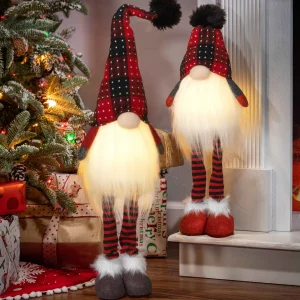 Gerson International Set Of 2 Lighted Plush Red And Black Plaid Holiday Standing Gnomes, Battery Operated