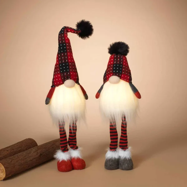Gerson International Set Of 2 Lighted Plush Red And Black Plaid Holiday Standing Gnomes, Battery Operated