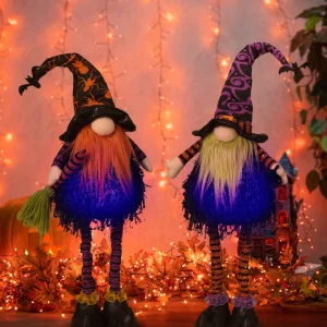 Gerson International Set Of 2 Lighted Plush Standing Spooky Halloween Gnomes