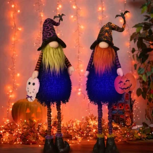 Gerson International Set Of 2 Lighted Whimsical Halloween Gnomes With Flexible Legs