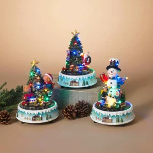 Gerson International Set Of 3 Light-Up Musical Trains With Snowman And Trees