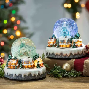 Gerson International Set Of 2 Musical Light Snow Globe With Christmas Village Scene