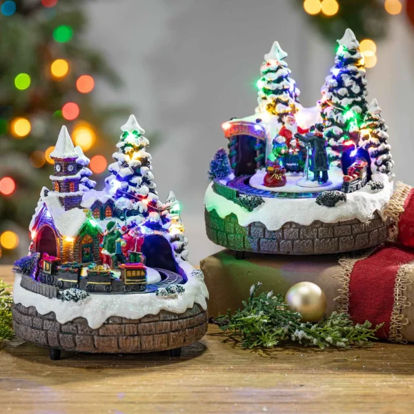 Gerson International Set Of 2 Musical Lighted Christmas Village With Moving Scenes