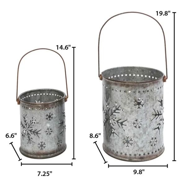 Gerson International Set Of 2 Nesting Metal Galvanized Snowflake Luminaries, Lg Is 19.8-In H (Including Handle)