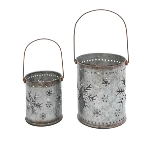 Gerson International Set Of 2 Nesting Metal Galvanized Snowflake Luminaries, Lg Is 19.8-In H (Including Handle)