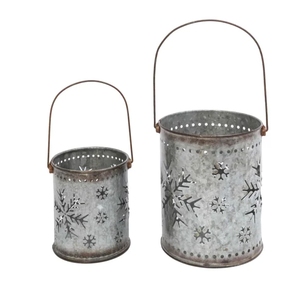 Gerson International Set Of 2 Nesting Metal Galvanized Snowflake Luminaries, Lg Is 19.8-In H (Including Handle)