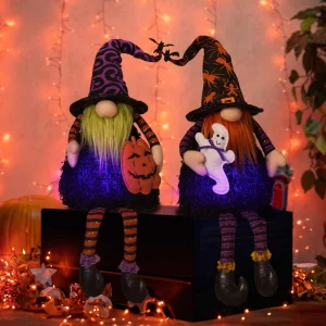 Gerson International Set Of 2 Plush Lighted Halloween Shelf Sitter Gnomes, Battery Operated