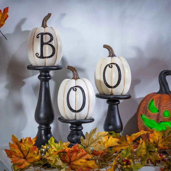 Gerson International Set Of 3 Pumpkin Candlesticks, Spooky Halloween Decor