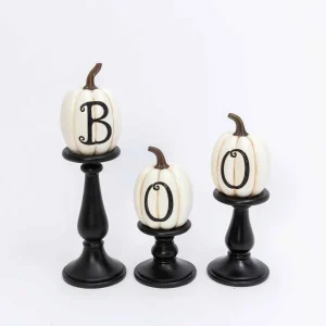 Gerson International Set Of 3 Pumpkin Candlesticks, Spooky Halloween Decor
