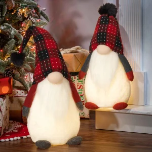 Gerson International Set Of 2 Red And Black Plaid Christmas Holiday Lighted Gnomes