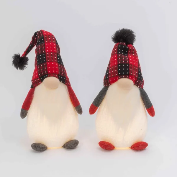 Gerson International Set Of 2 Red And Black Plaid Christmas Holiday Lighted Gnomes