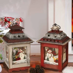 Gerson International Set Of 2 Rustic Farmhouse Christmas Holiday Snowmen Lanterns