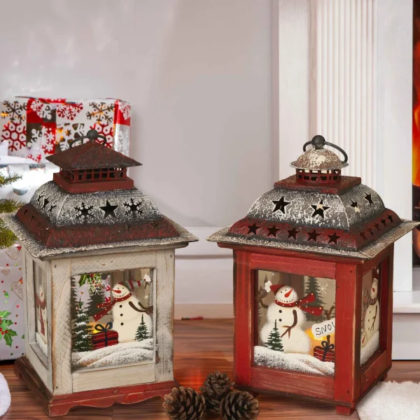 Gerson International Set Of 2 Rustic Farmhouse Christmas Holiday Snowmen Lanterns