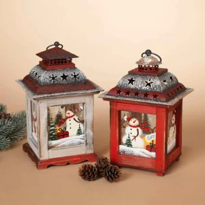 Gerson International Set Of 2 Rustic Farmhouse Christmas Holiday Snowmen Lanterns