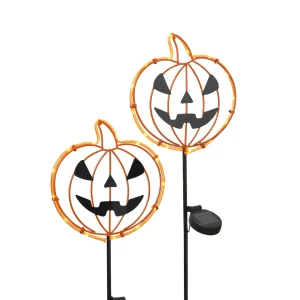 Gerson International Set Of 2 Solar Metal Pumpkin Lantern Yard Stake, Outdoor Decor