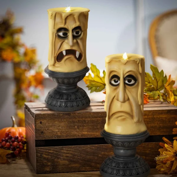 Gerson International Set Of 2 Spooky Decor Gothic Halloween Resin Candles With Faces