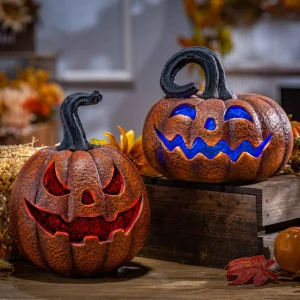 Gerson International Set Of 2 Spooky Halloween Lighted Jack O Lantern Resin Decor