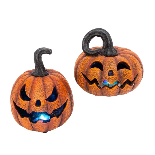Gerson International Set Of 2 Spooky Halloween Lighted Jack O Lantern Resin Decor