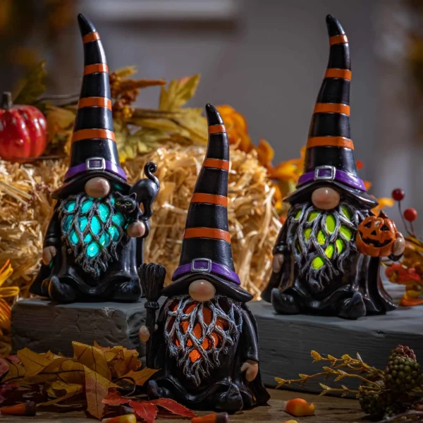 Gerson International Set Of 3 Spooky Lighted Halloween Gnome Witch Figurine , Timer