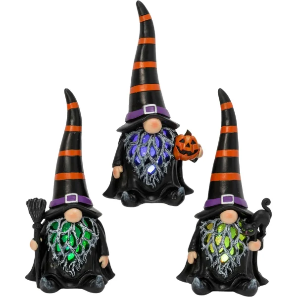 Gerson International Set Of 3 Spooky Lighted Halloween Gnome Witch Figurine , Timer