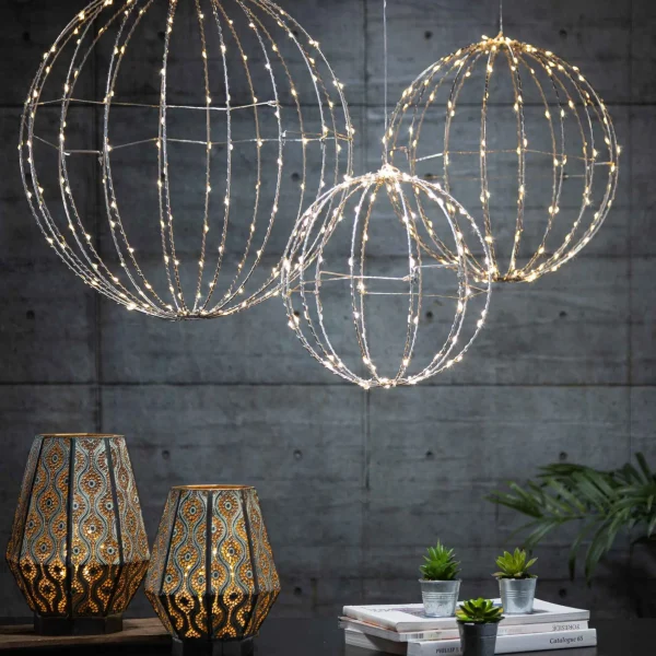 Gerson International Set Of 3 Whimsical Lighted Metal Spheres, Warm White Leds