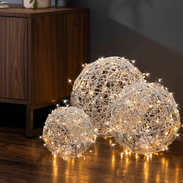 Gerson International Set Of 3 White Modern Organic Vine Balls, Battery Operated Led