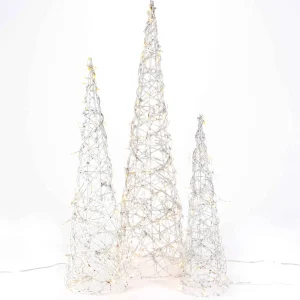 Gerson International Set Of 3 White Modern Vine Trees, Battery Operated Pre Lit Led