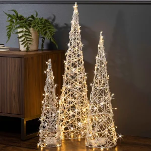 Gerson International Set Of 3 White Modern Vine Trees, Battery Operated Pre Lit Led