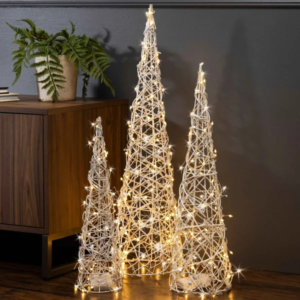 Gerson International Set Of 3 White Modern Vine Trees, Battery Operated Pre Lit Led