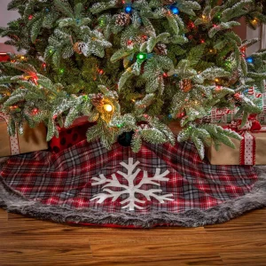 Gerson International Snowflake Christmas Holiday Tree Skirt, Faux Fur Buffalo Plaid