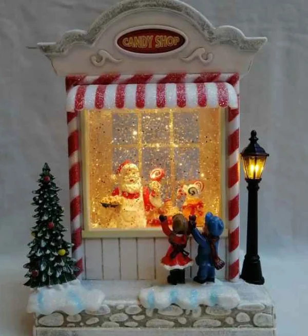 Arys Imports Snowy Candy Cane Shop With Led Warm White Light Up Santa Chef Scene Spinning Glitter Waterglobe