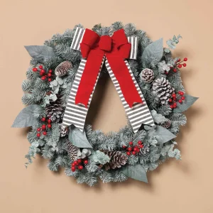 Gerson International Snowy Pine Christmas Wreath With Red Berries, Pinecones, Bow