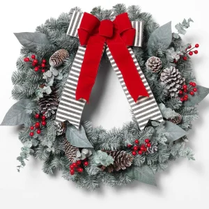 Gerson International Snowy Pine Christmas Wreath With Red Berries, Pinecones, Bow