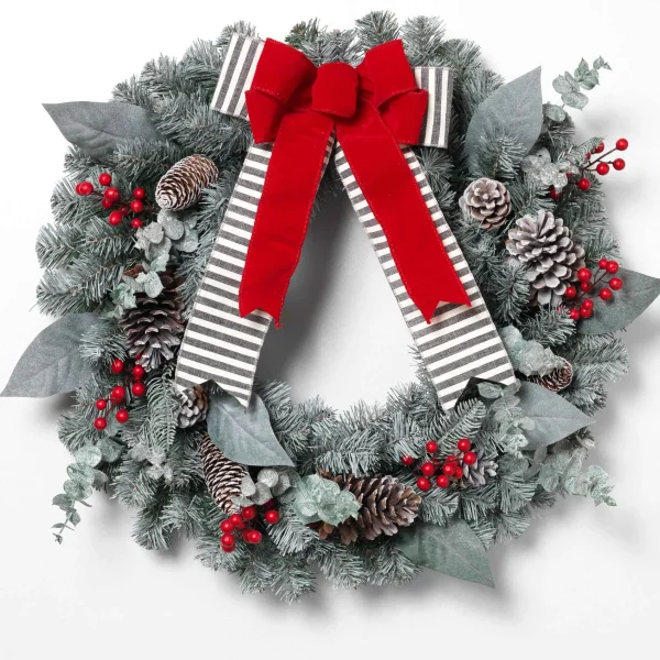 Gerson International Snowy Pine Christmas Wreath With Red Berries, Pinecones, Bow