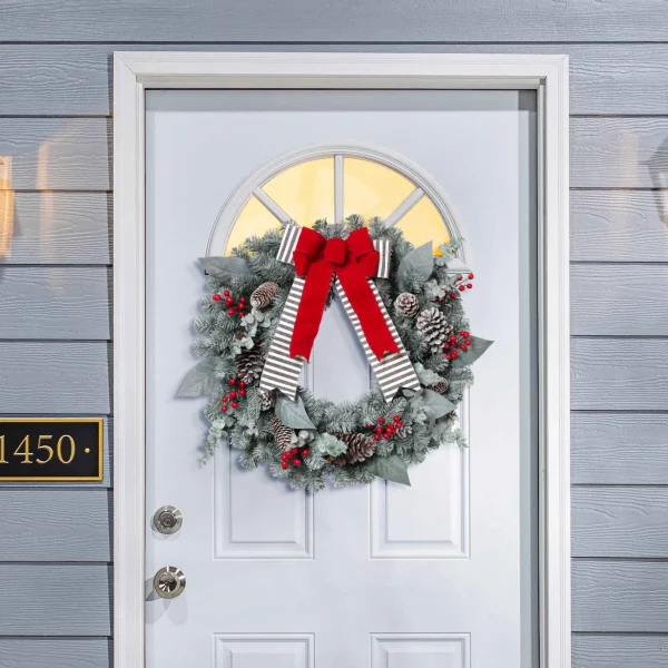 Gerson International Snowy Pine Christmas Wreath With Red Berries, Pinecones, Bow