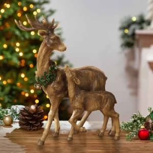 Gerson International Traditional Christmas Reindeer Decor With Baby Tabletop Accent