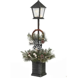 Gerson International Vintage Lantern Post With Wreath And Micro Led Lights, Timer