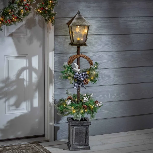 Gerson International Vintage Lantern Post With Wreath And Micro Led Lights, Timer