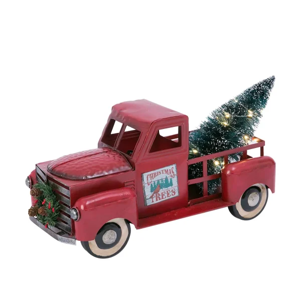 Gerson International Vintage Red Metal Truck With Lighted Christmas Tree, Decor